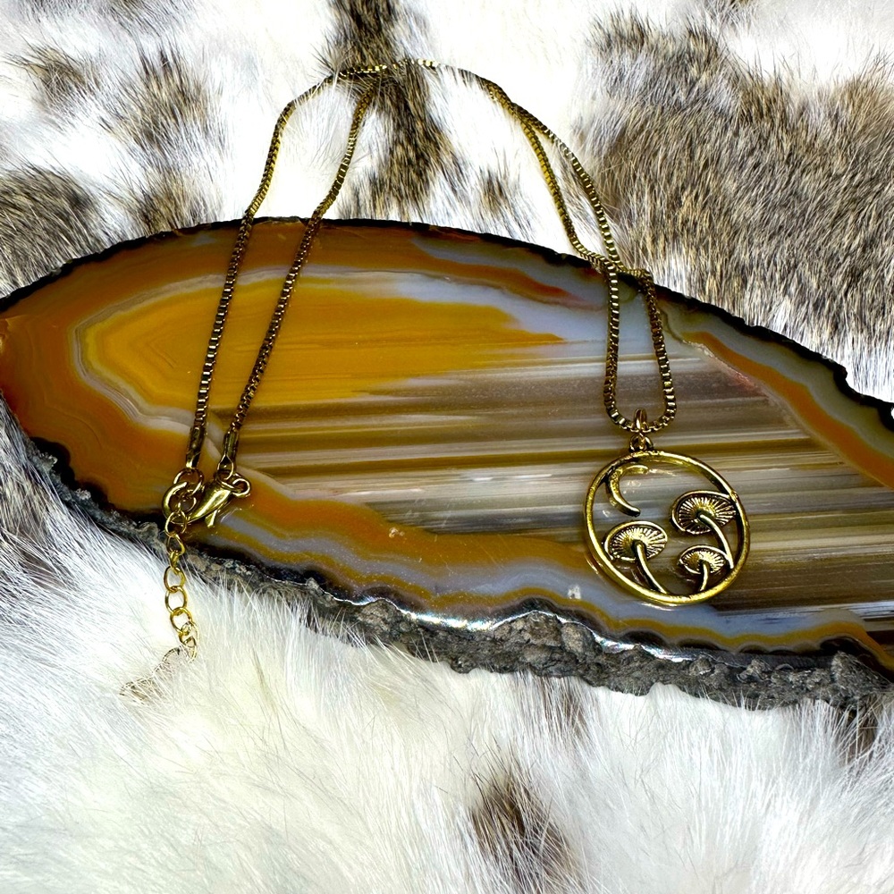 Gold Pendant Necklace mushrooms and crescent moon celestial new gift fairy core